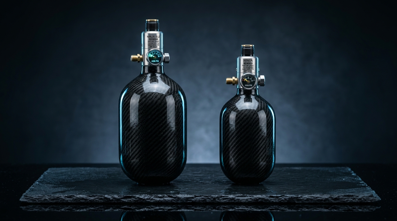 Best compressed air tank size for paintball guide showing aluminum and carbon fiber HPA tanks