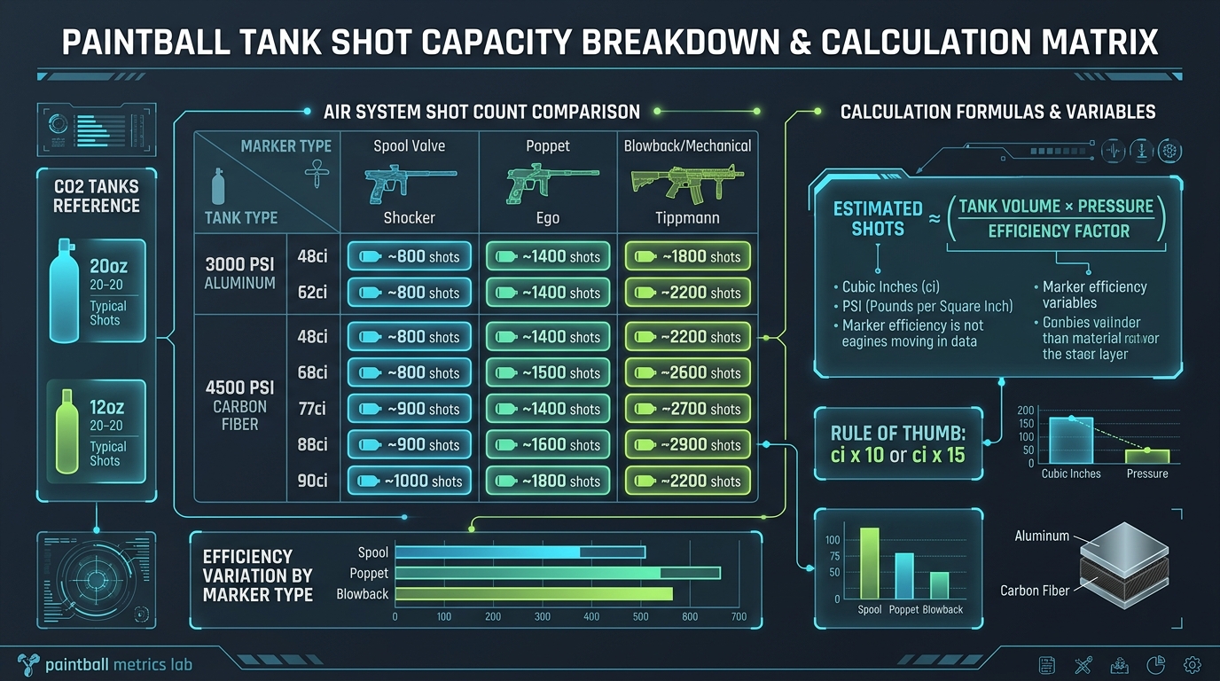 Compressed air tank size dimensions weight and shot count comparison chart