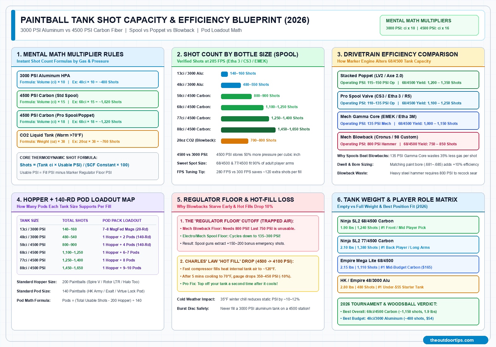 Paintball Tank Shot Capacity Matrix Infographic - 3000 vs 4500 PSI Comparison