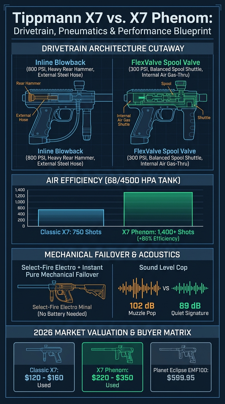 Tippmann X7 vs X7 Phenom Drivetrain and Ballistics Blueprint Infographic