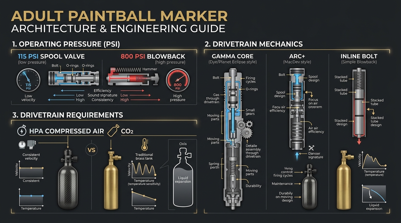 Adult Paintball Marker Architecture Operating Pressure Drivetrain Engineering Guide Infographic