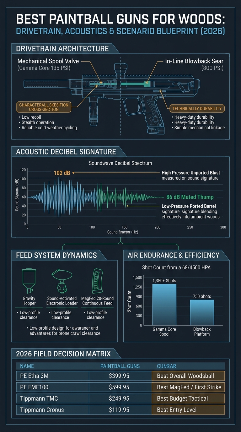 Best Paintball Guns for Woods Drivetrain and Acoustics Infographic