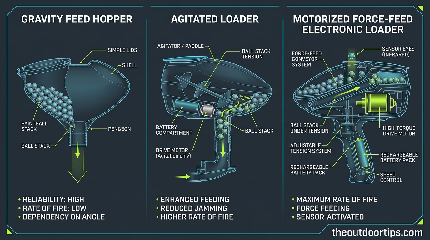 Paintball Hopper Feeding Systems Technical Comparison Infographic