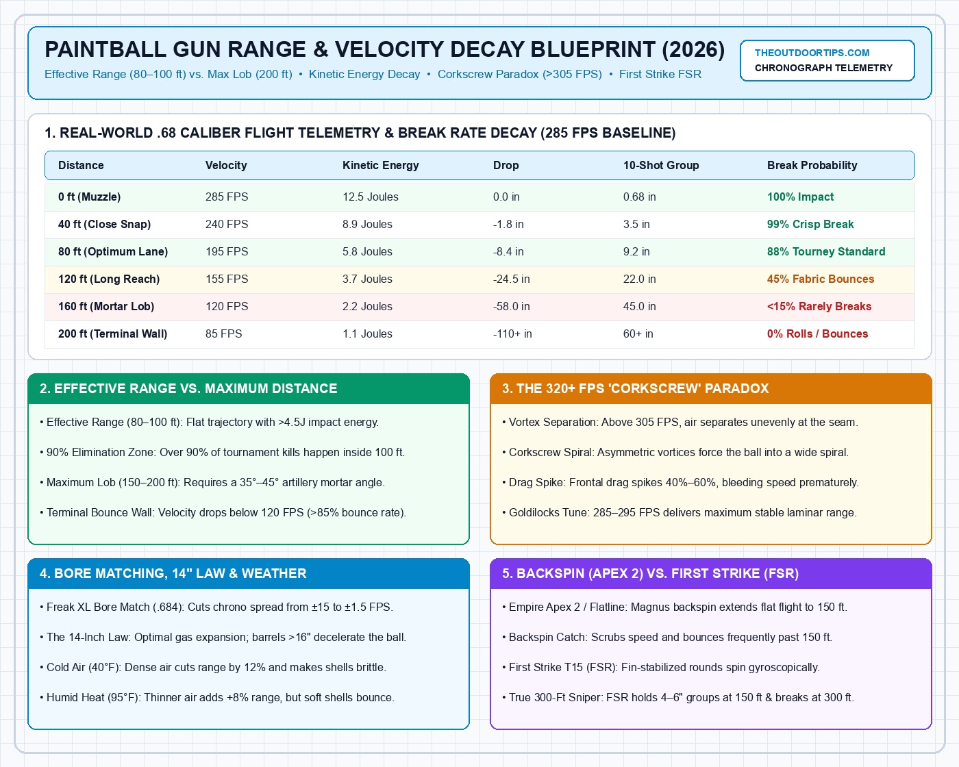 Paintball gun range, trajectory curves, and velocity decay physics blueprint 2026