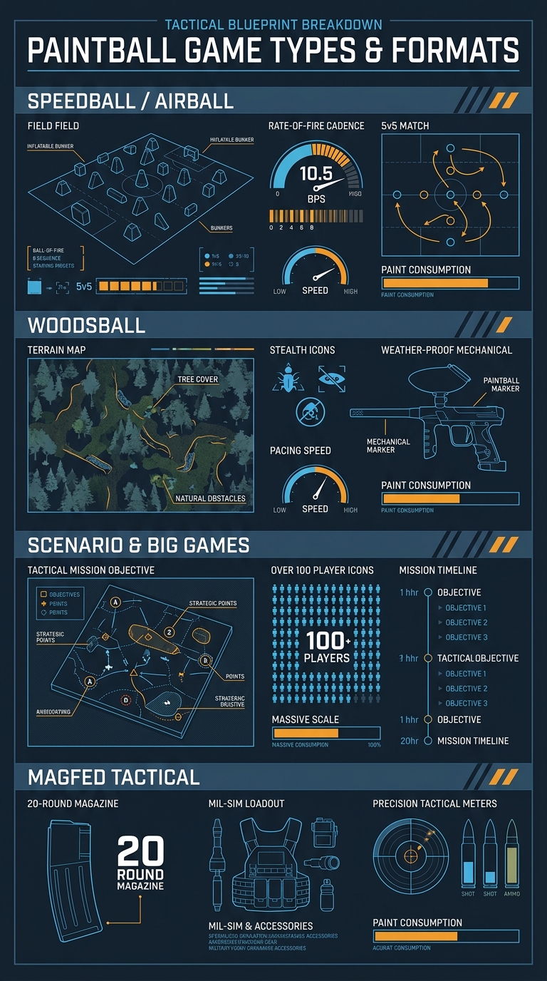 different types of paintball games: exploring the thrills of variety vertical technical infographic