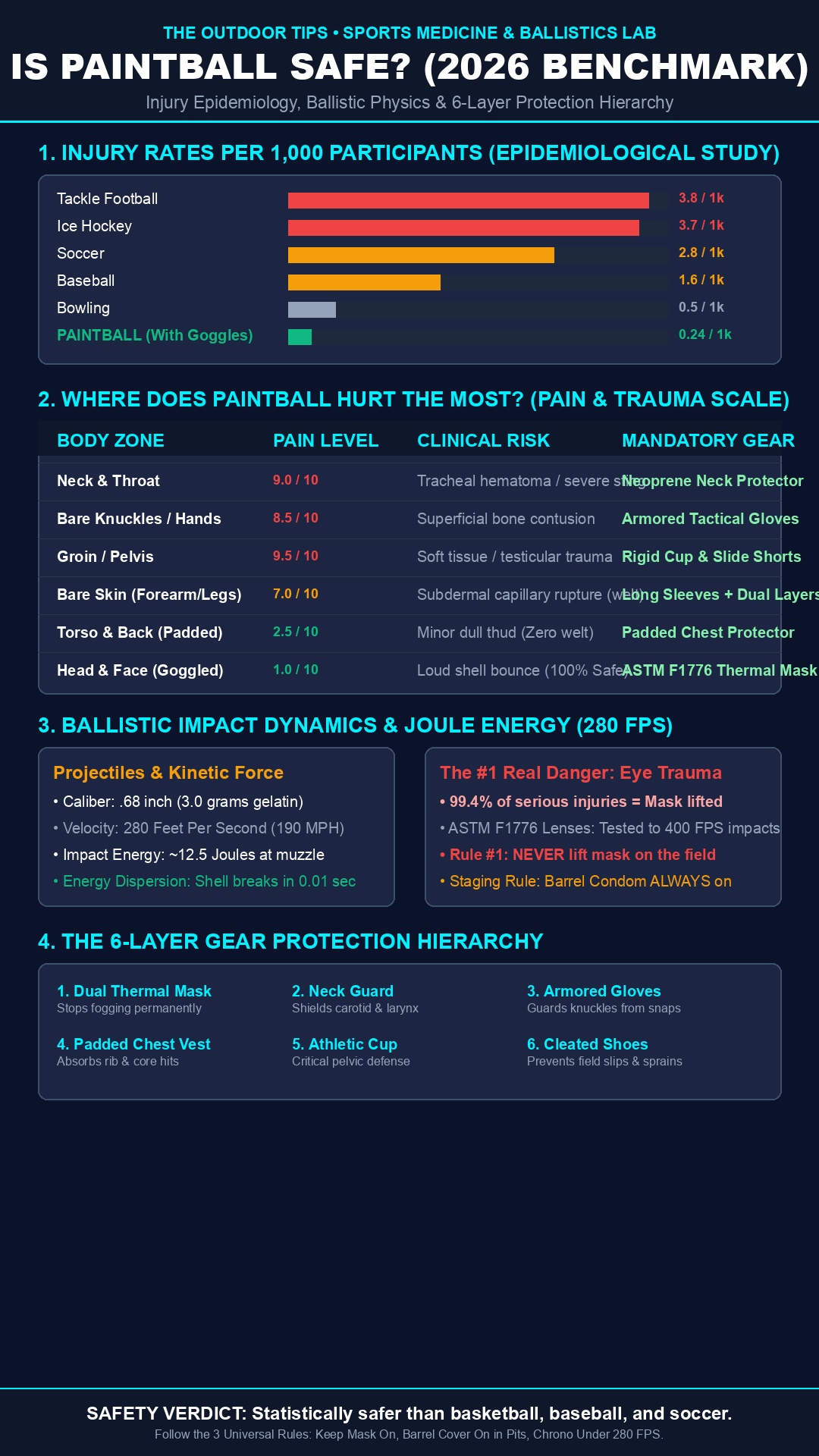 Paintball safety injury rates pain scale and 6-layer protection hierarchy infographic