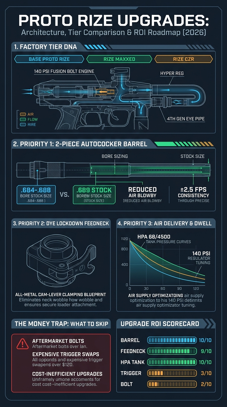 Proto Rize Upgrades Technical Blueprint and Tier Architecture Infographic