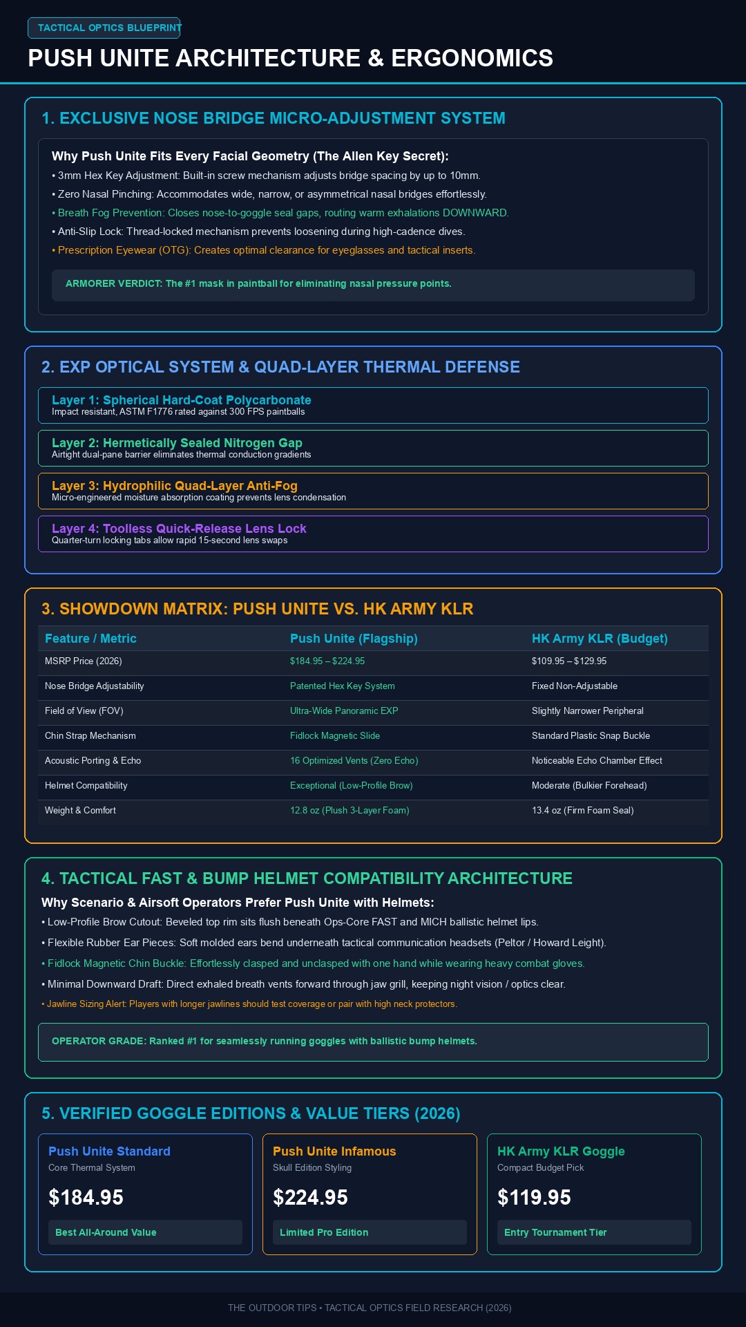 Vertical technical infographic of push unite paintball mask review, push unite vs hk army klr, and helmet compatibility