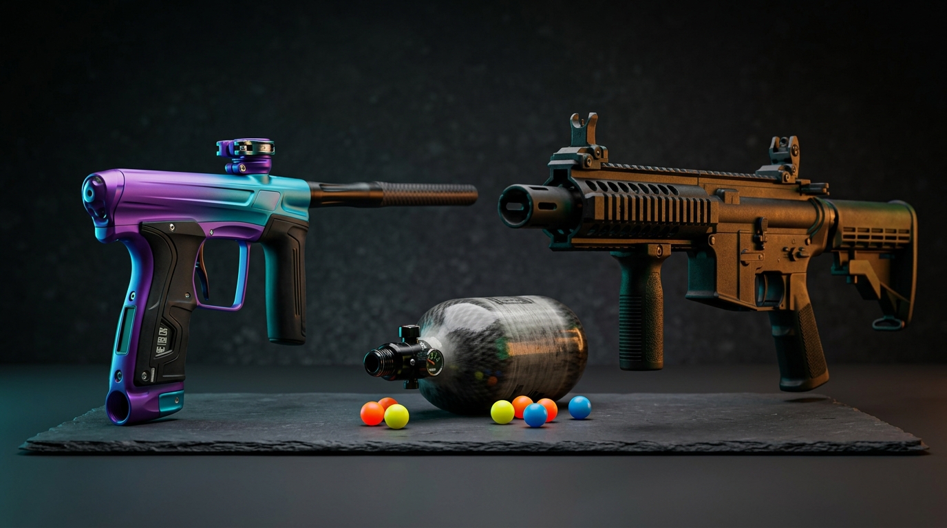 Speedball vs woodsball paintball guns head to head comparison on staging bench