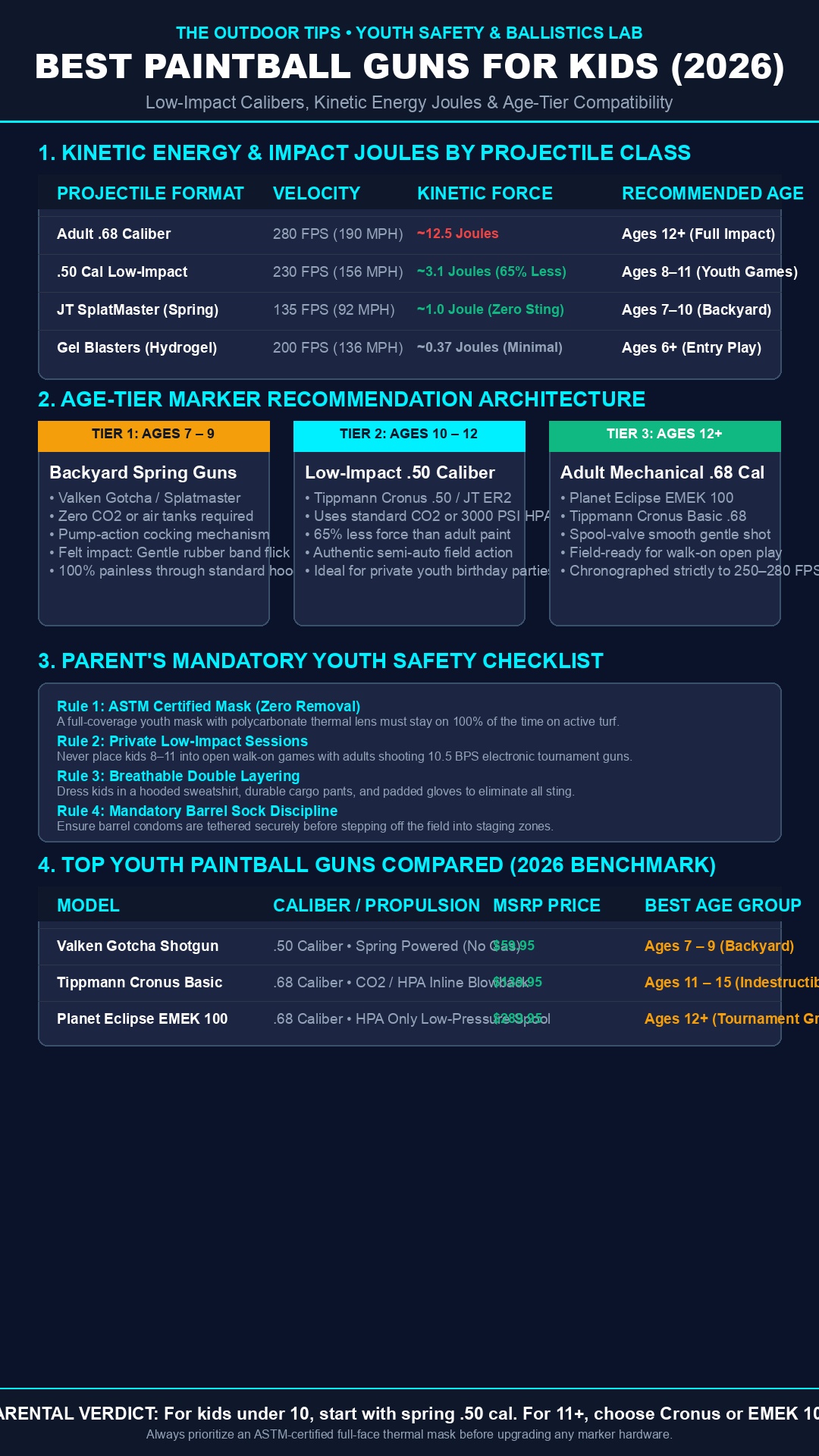 Best paintball gun for kids caliber comparison kinetic energy and safety rules infographic