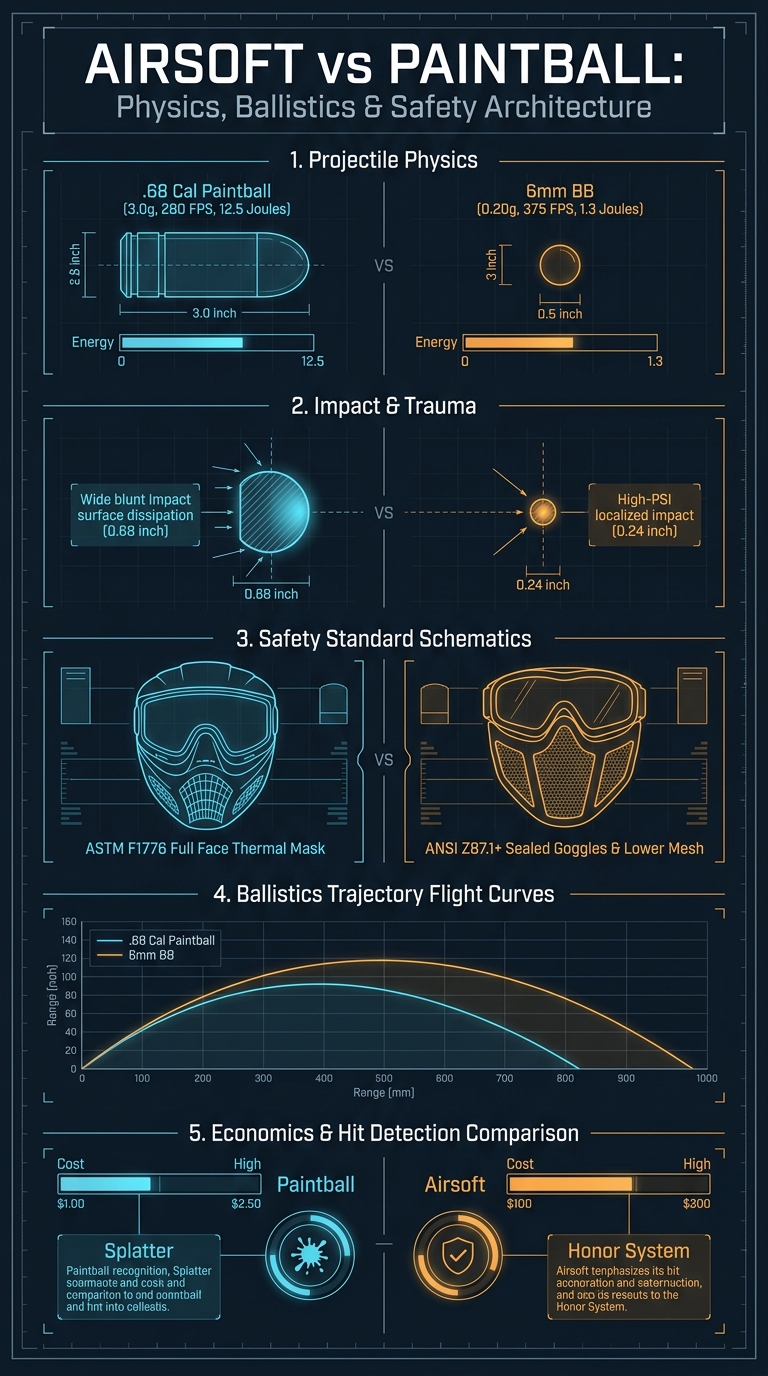 Airsoft vs paintball technical infographic comparing projectile ballistics, kinetic energy, and safety standards