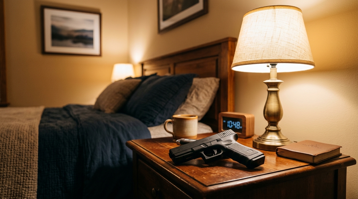 Compact paintball pistol staged on home nightstand – home defense accessibility