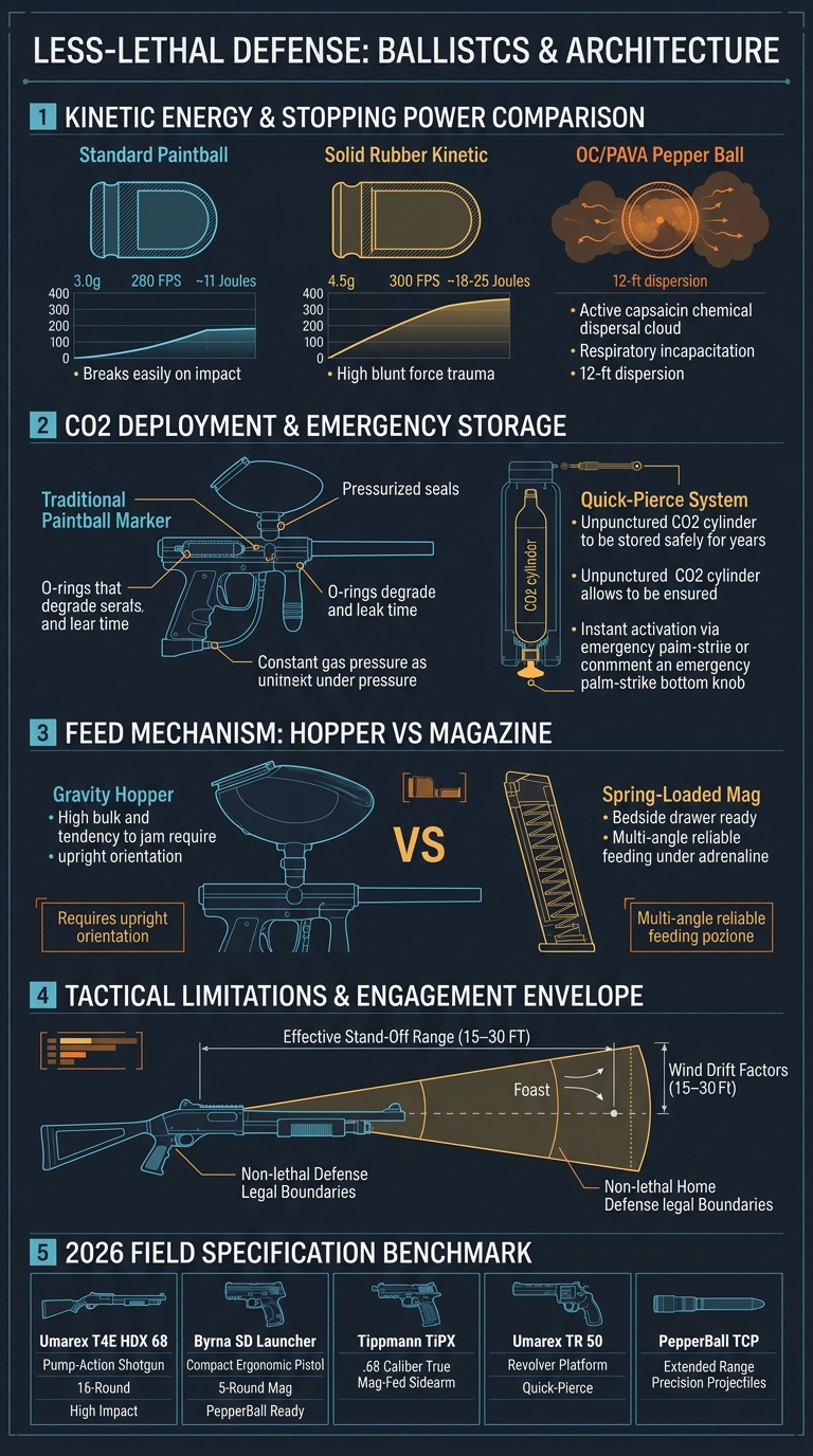 Less-Lethal Defense Paintball Ballistics and Storage Infographic