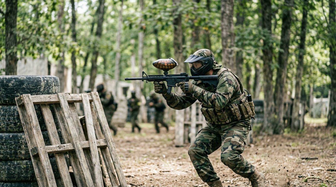 Tippmann Stormer Elite paintball marker – player aiming during woodsball drill – outdoor tactical action