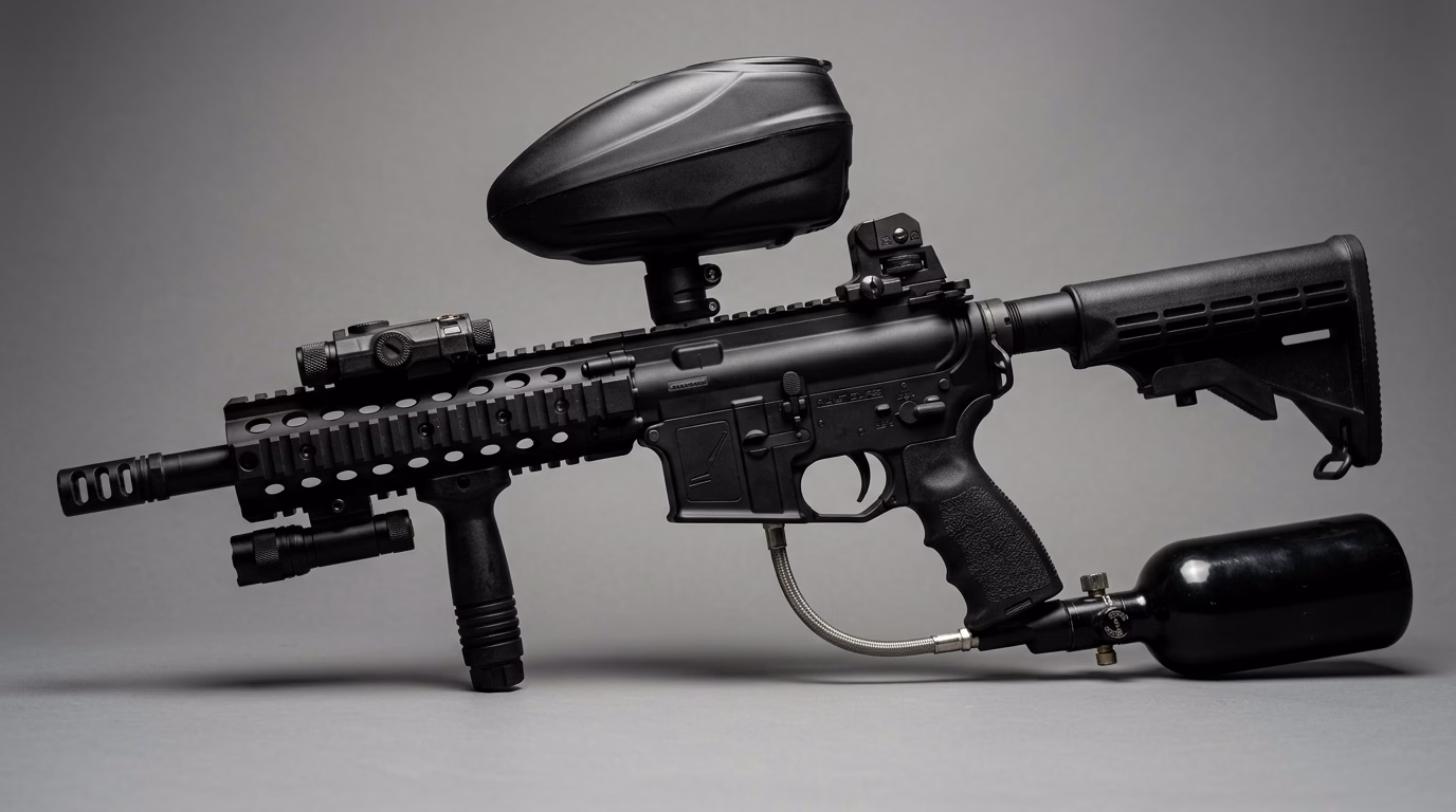 Tippmann Stormer Elite paintball marker – tactical profile with collapsible stock – studio product shot