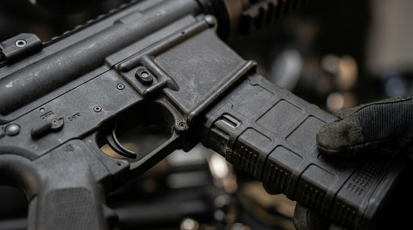 Tippmann Stormer Elite paintball marker – magazine insertion detail – dual-fed system close-up