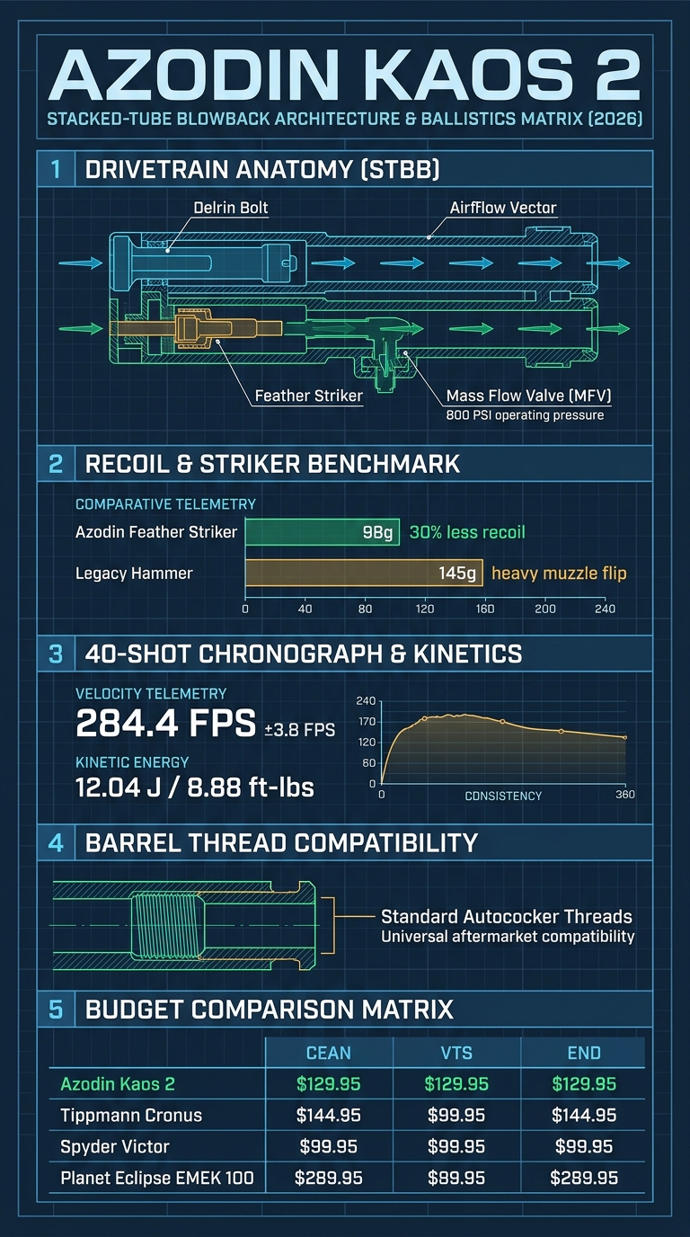 Azodin Kaos 2 Stacked-Tube Blowback engineering and ballistics blueprint infographic