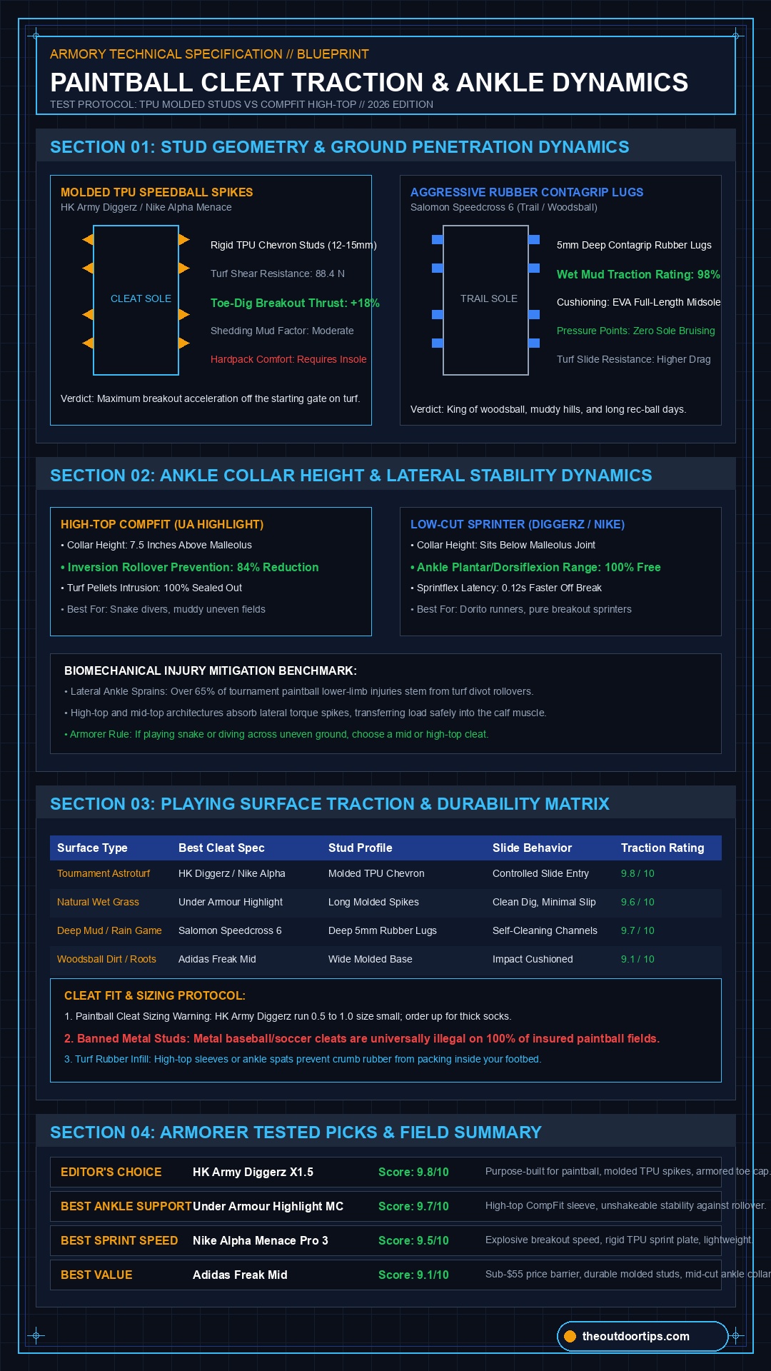 Best Paintball Cleats Technical Blueprint and Traction Architecture Infographic 2026