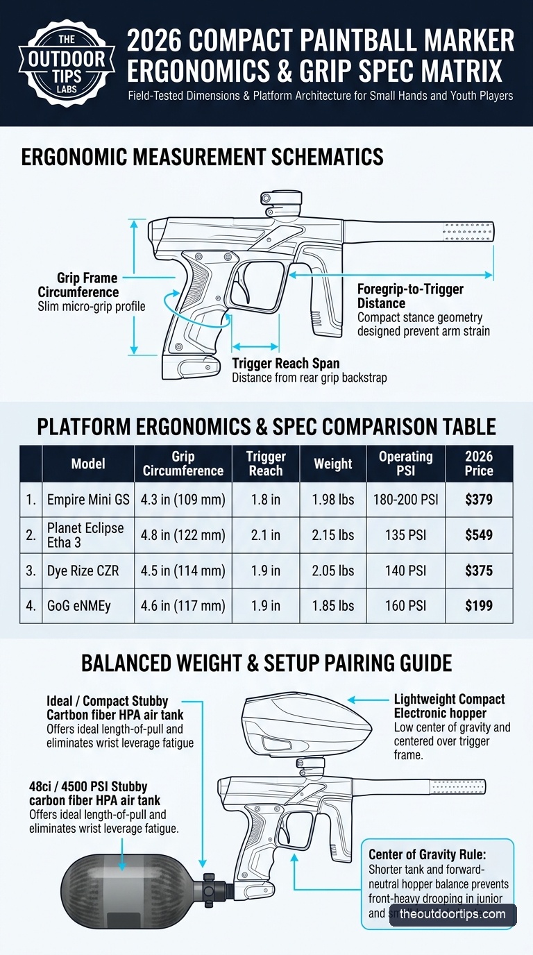Compact Paintball Marker Grip Circumference and Ergonomics Matrix Infographic