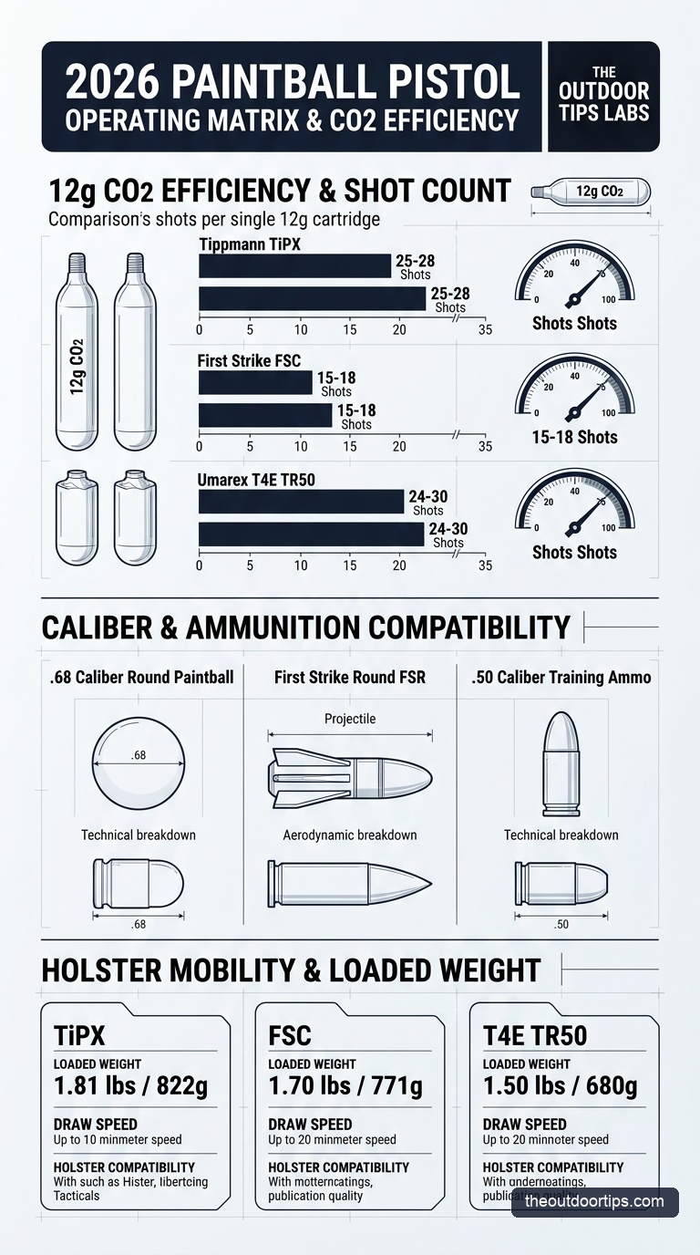 Paintball Pistol CO2 Efficiency and Operating Matrix Infographic