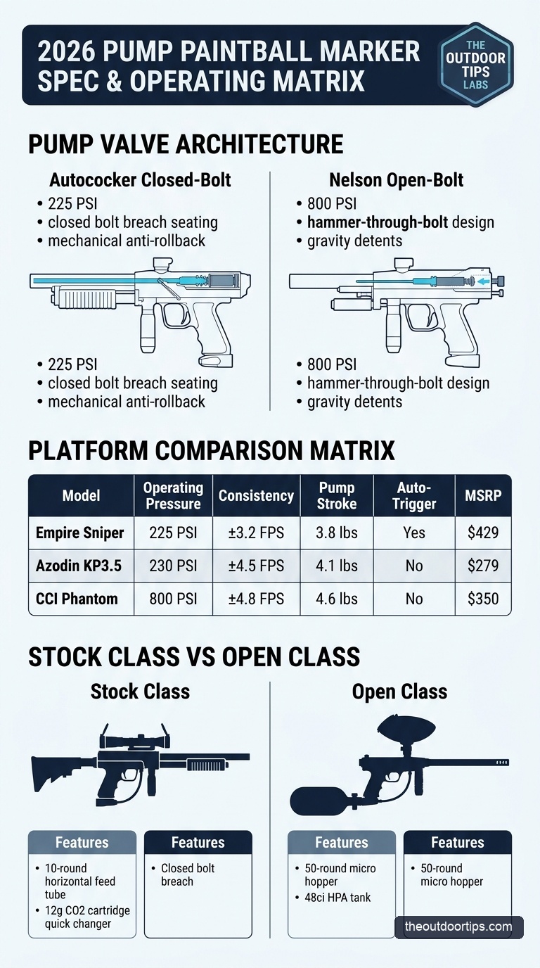 Pump Paintball Marker Closed-Bolt vs Open-Bolt Matrix Infographic