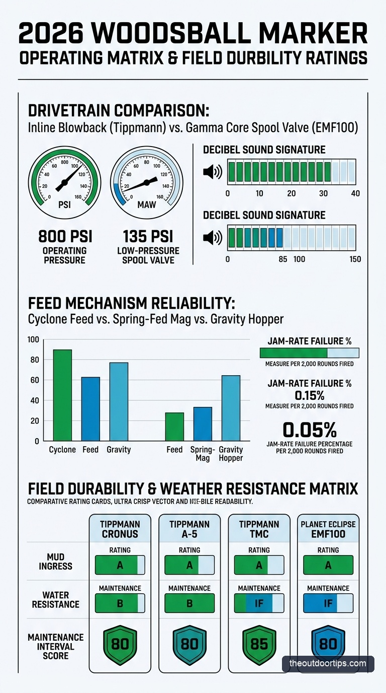 Woodsball Paintball Gun Operating PSI and Durability Comparison Matrix Infographic