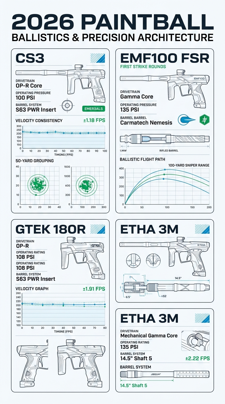 2026 Paintball Gun Accuracy and Chronograph Spec Matrix Infographic