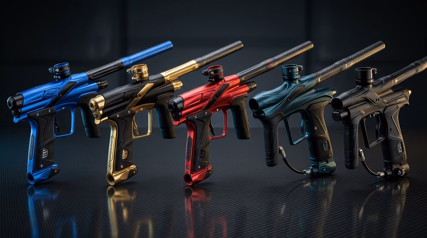 Best Electronic Speedball Paintball Guns 2026 Lineup featuring Planet Eclipse CS3, Dye DSR+, Planet Eclipse 180R, Shocker Era, and Etha 3