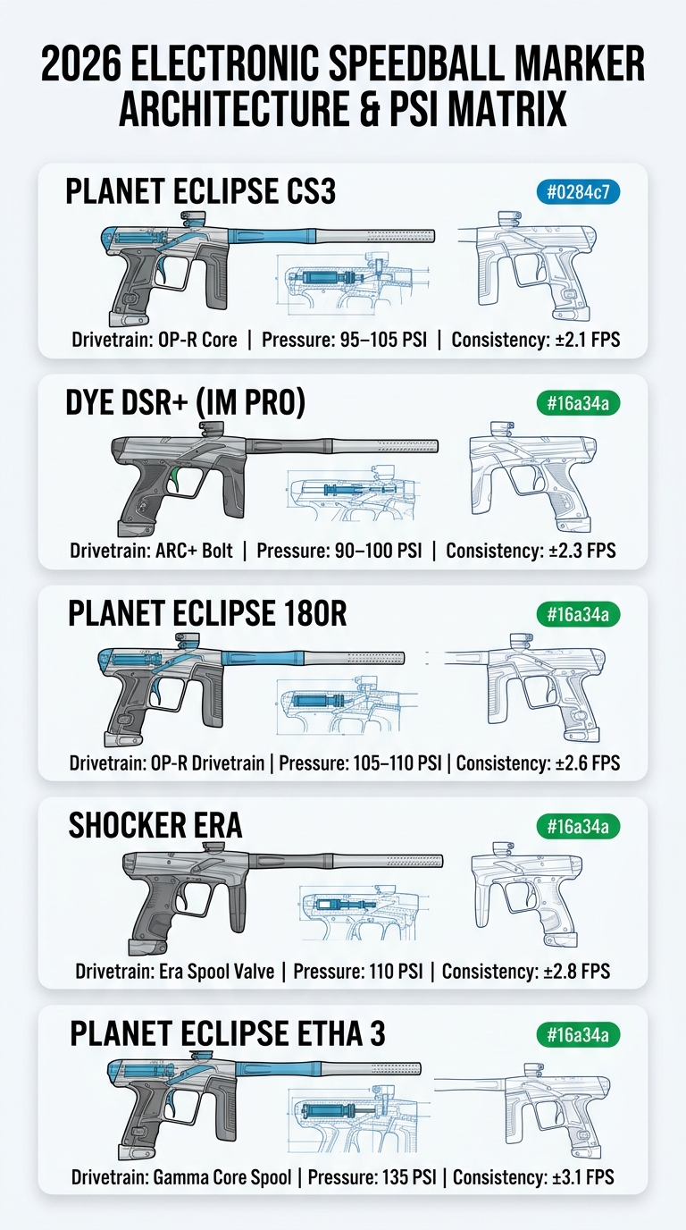 2026 Electronic Speedball Paintball Marker Architecture and Operating Pressure Matrix Infographic