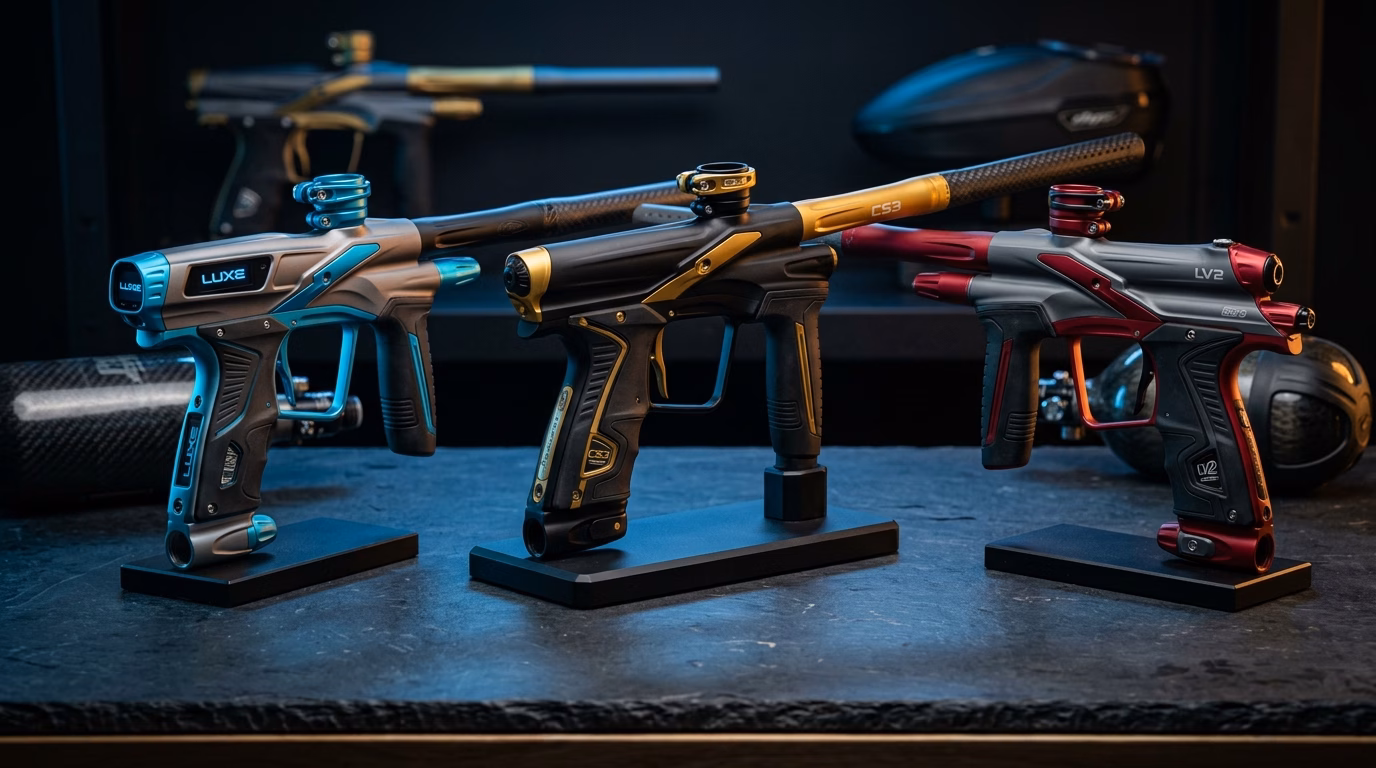 Best high end paintball guns over 1500 featuring Planet Eclipse CS3, DLX Luxe Idol, Ego LV2, and Dye M3 Plus on dark slate studio platform