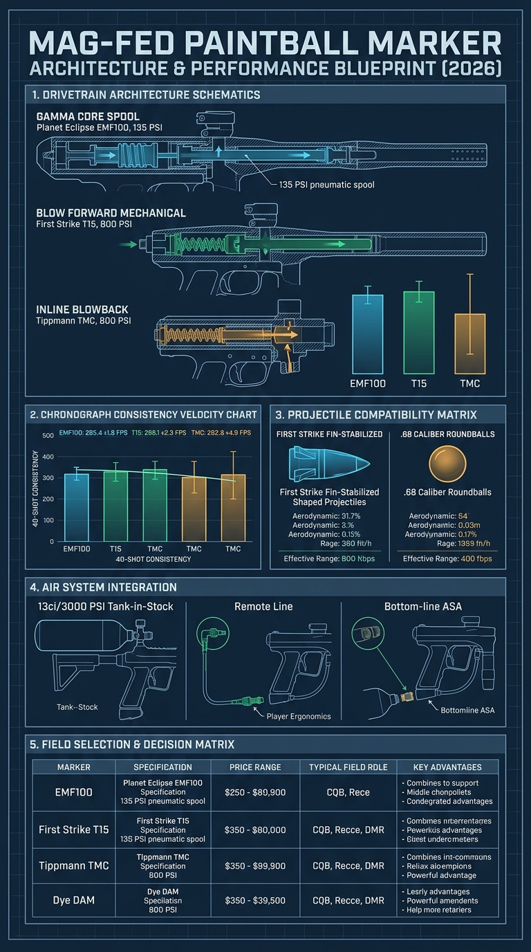 Mag-Fed Paintball Guns Architecture and Ballistics Spec Sheet 2026