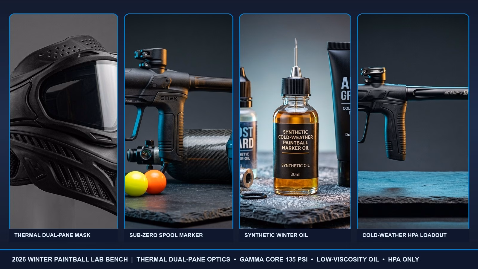 Best Paintball Gear for Cold Weather 2026 Lineup featuring Thermal Dual-Pane Mask, Gamma Core Cold Marker, Winter Gloves, and Sub-Zero Oil