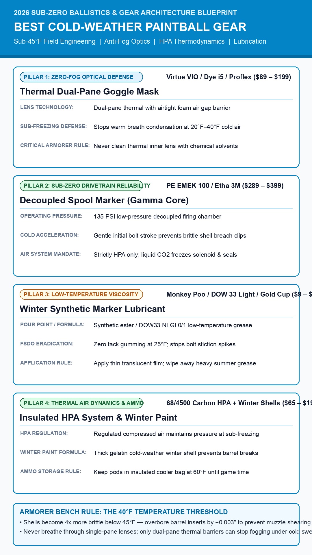 2026 Cold Weather Paintball Gear Operating Specs and Fog Prevention Matrix Infographic