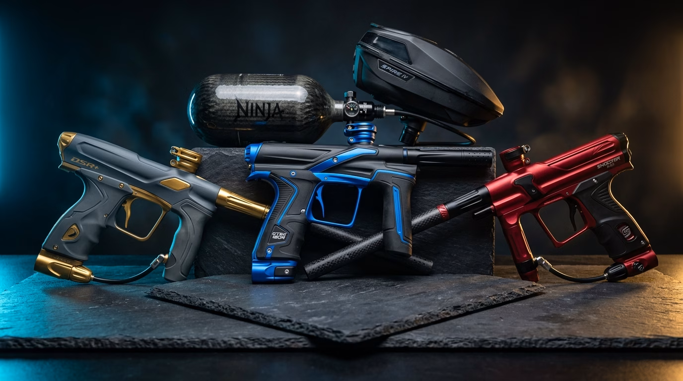 Best Paintball Guns Under  featuring Planet Eclipse Gtek 180R, Dye DSR Plus IM Pro, and Shocker Era on armorer workbench