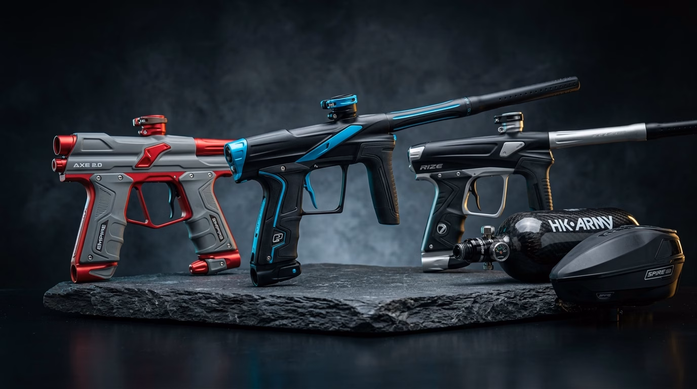 Best Paintball Guns Under $500 lineup featuring Planet Eclipse Etha 3, Empire Axe 2.0, and Dye Rize CZR on studio workbench