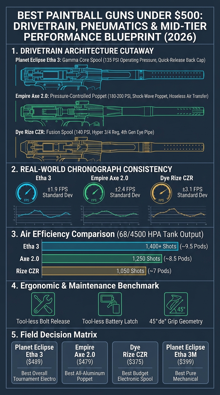 Best Paintball Guns Under $600 technical engineering blueprint comparing drivetrain cutaways and chronograph consistency