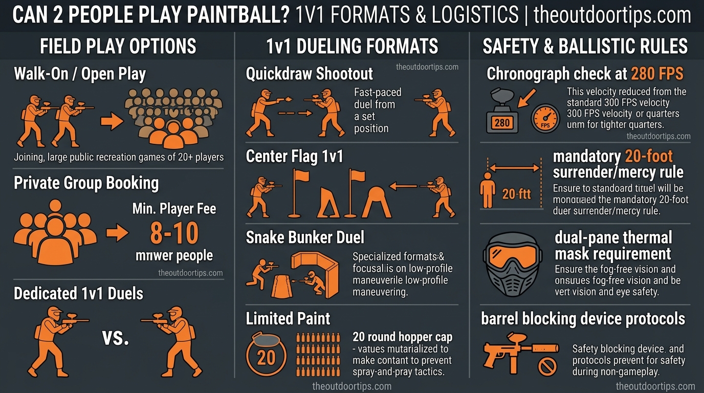 Can 2 people play paintball technical infographic showing field options, 1v1 formats, and safety rules