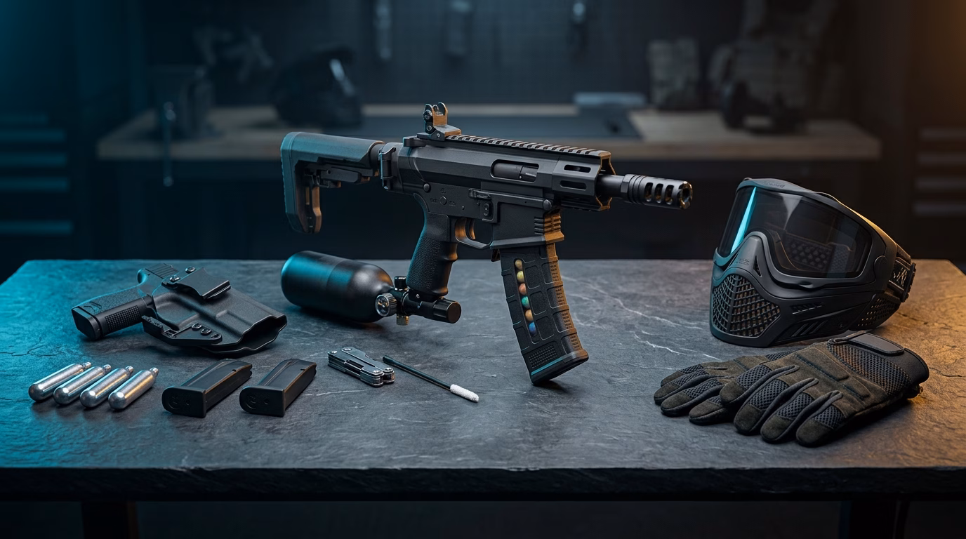 Urban CQB Paintball Tactics showcasing compact tactical markers, room clearing geometry, and tactical gear on armorer workbench