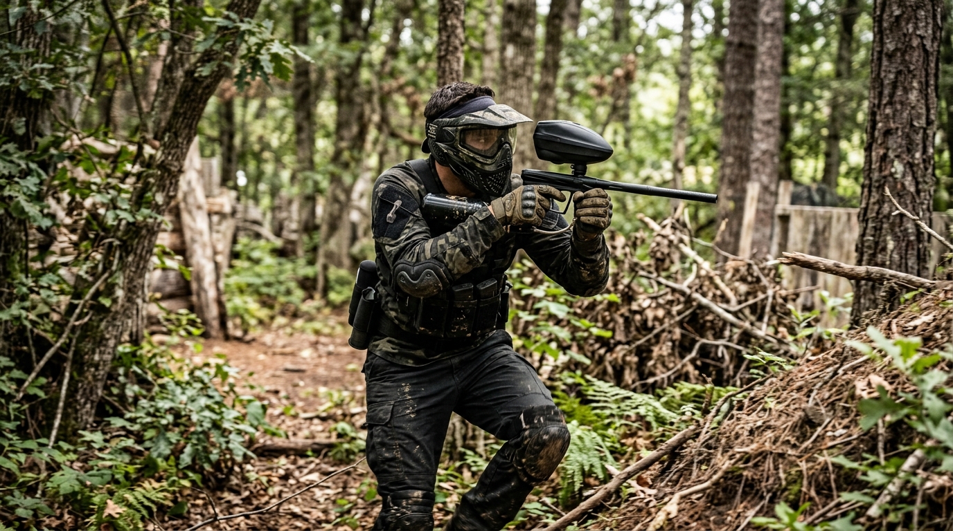 Paintball player in winter conditions wearing protective thermal gear and shooting in cold weather