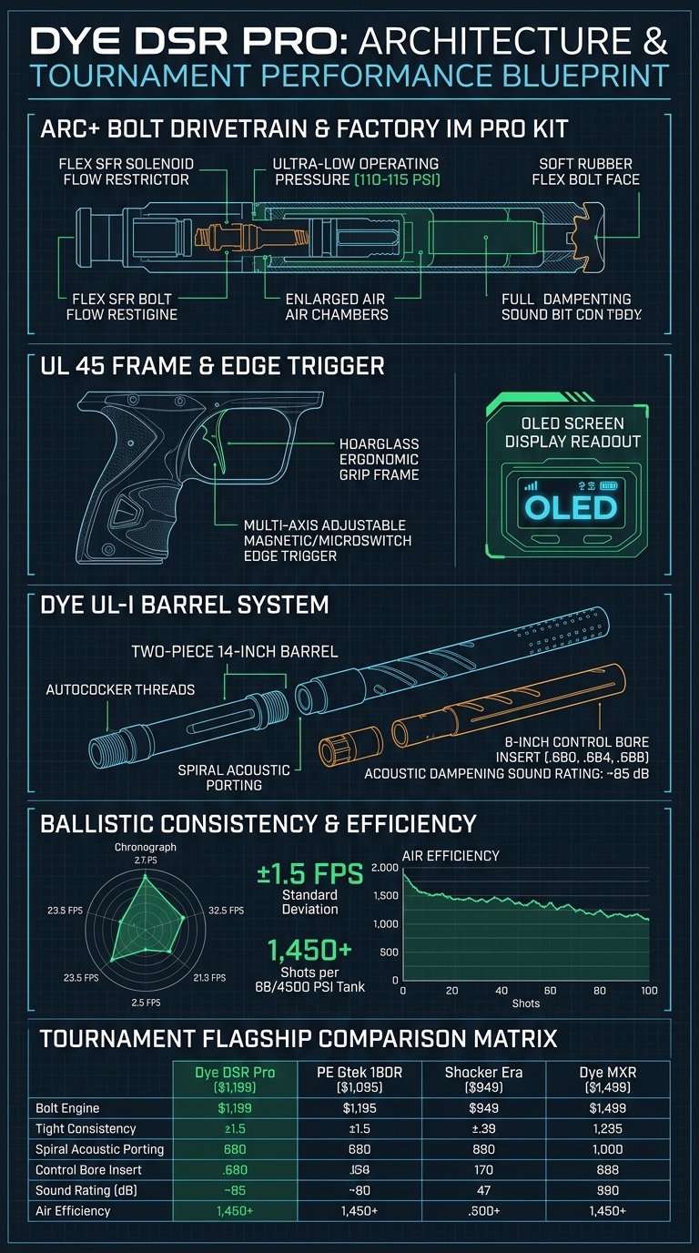 Dye DSR Pro technical infographic blueprint detailing ARC plus bolt, factory IM Pro kit, Flex SFR, and tournament performance matrix