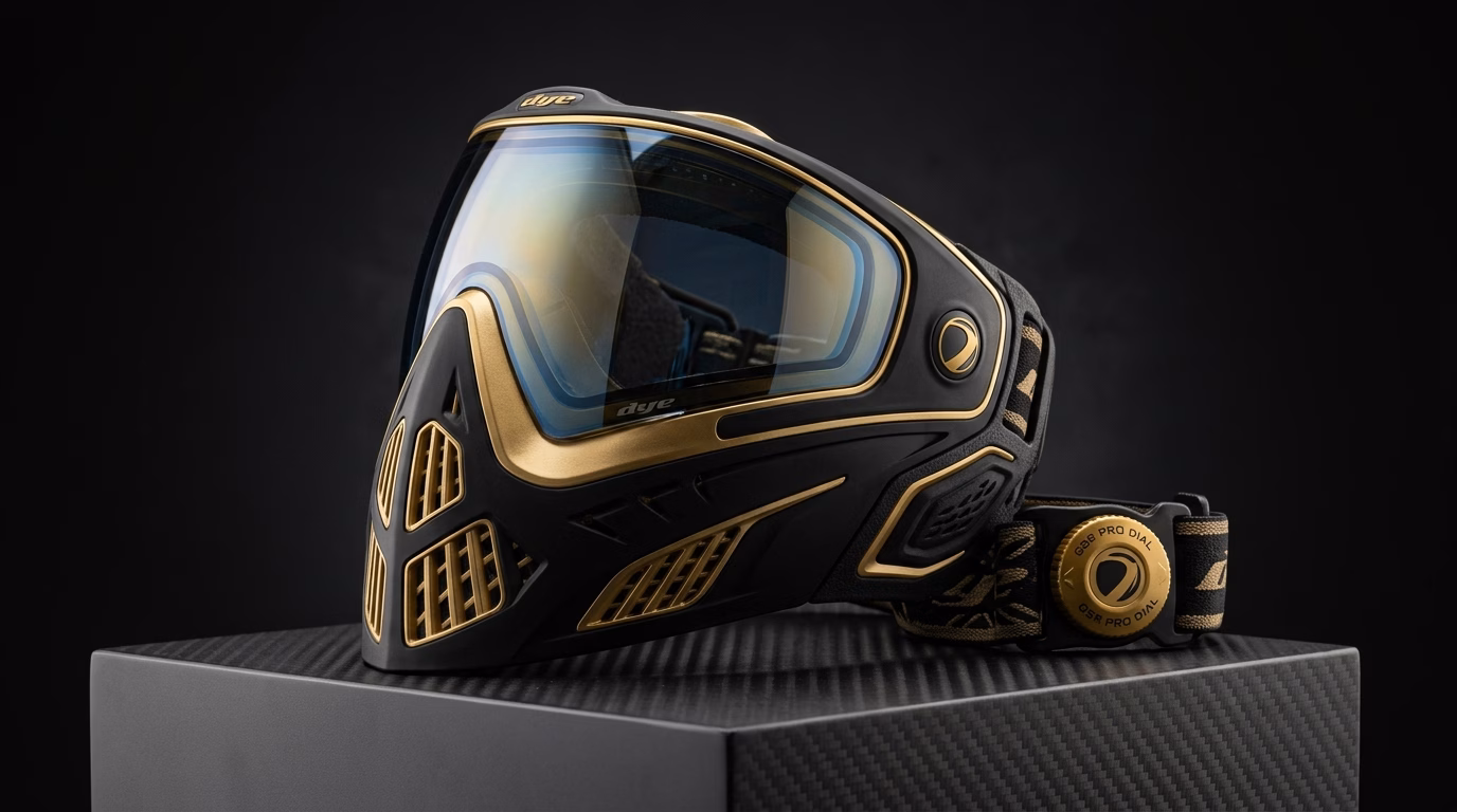 Dye i5 Paintball Mask Review 2026 featuring Onyx Gold Goggle with Thermal Lens and GSR Pro Strap