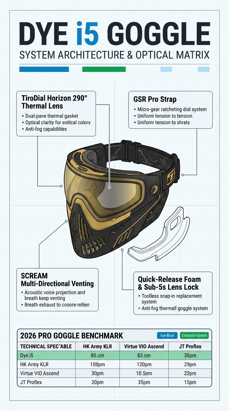 Dye i5 Paintball Mask Technical Specs and Competitor Benchmark Infographic