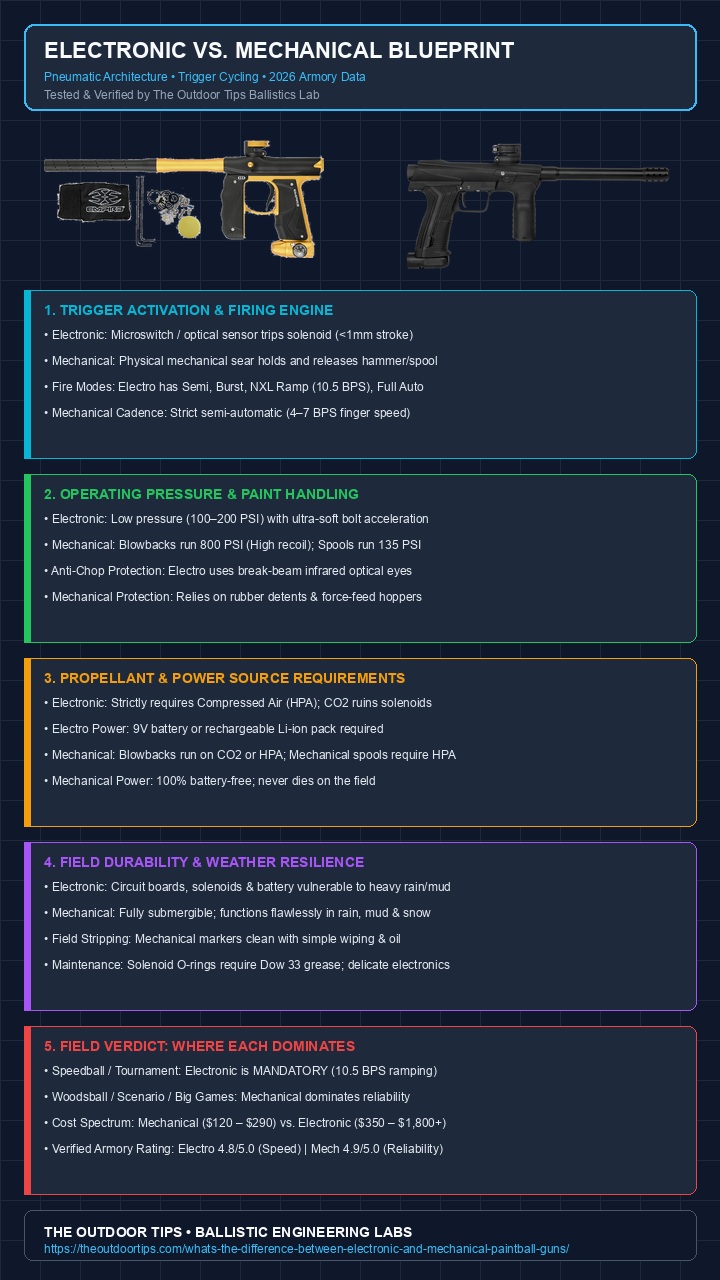 Electronic vs mechanical paintball guns architecture and pneumatic blueprint infographic