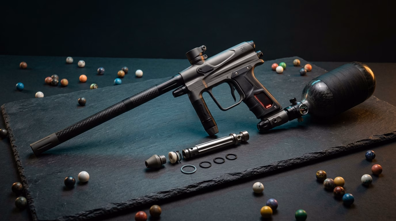 Empire Mini GS electronic tournament paintball marker with performance upgrades on studio test bench 2026