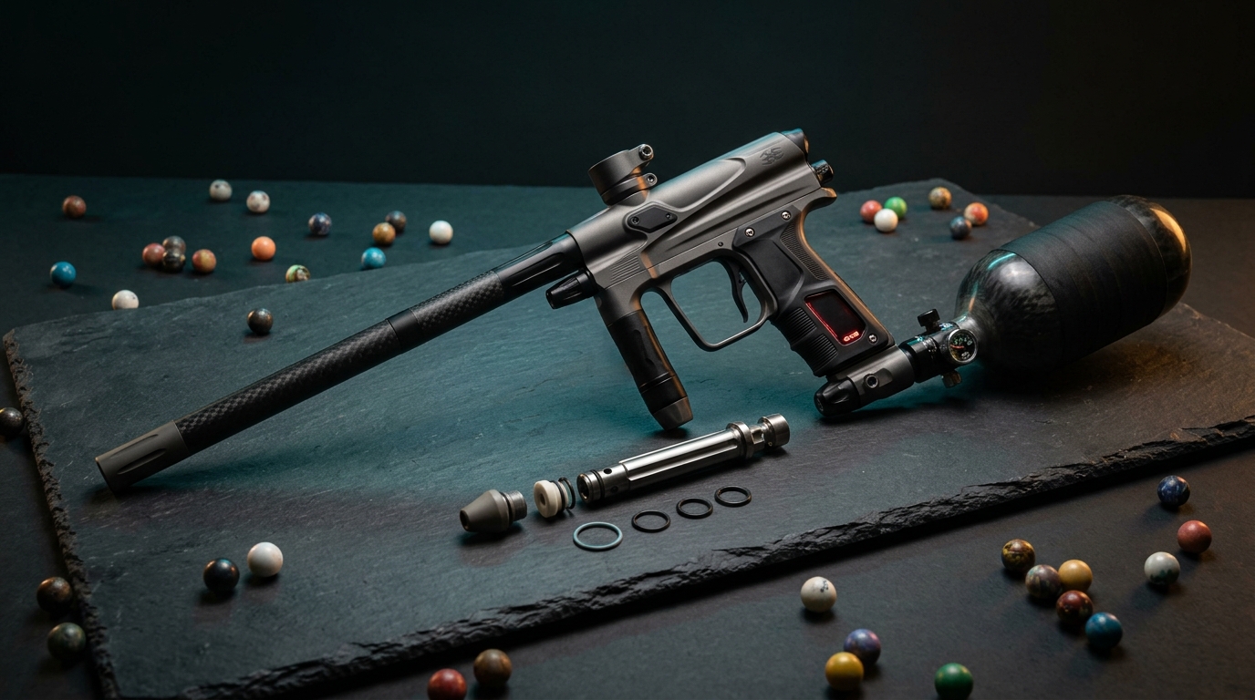 Empire Mini GS electronic tournament paintball marker with performance upgrades on studio test bench 2026