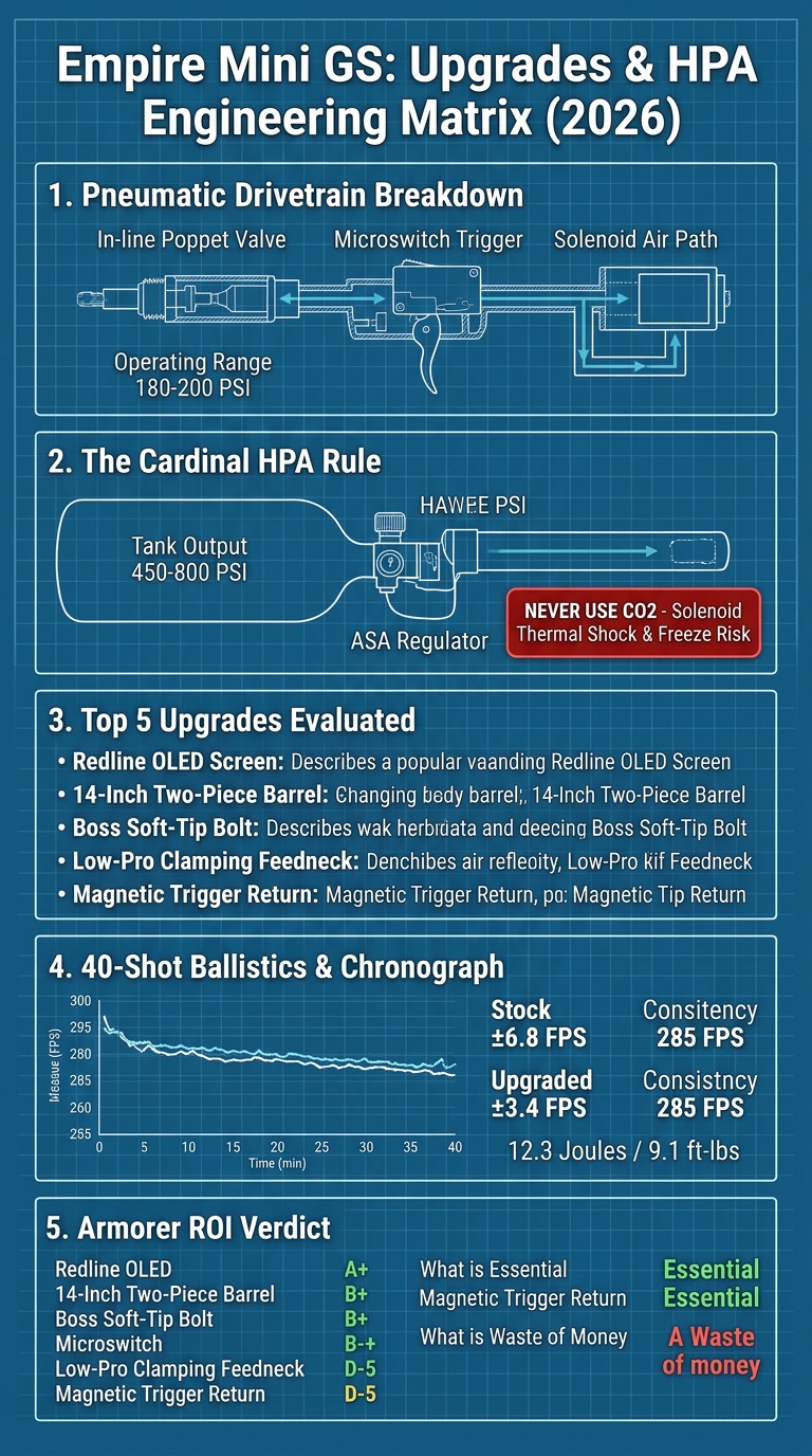Empire Mini GS technical upgrade matrix and HPA regulator engineering blueprint infographic