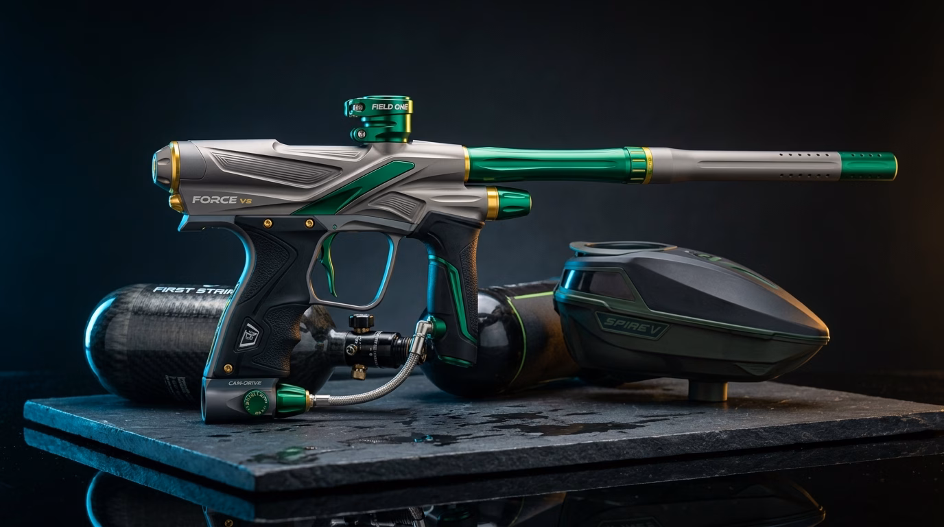 Field One Force V2 tournament electronic paintball marker resting on a dark graphite slate platform with carbon fiber HPA tank and loader