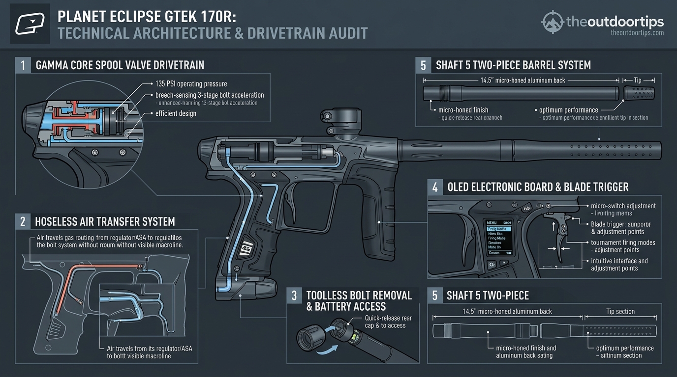 Planet Eclipse Gtek 170R technical architecture and Gamma Core drivetrain infographic theoutdoortips.com