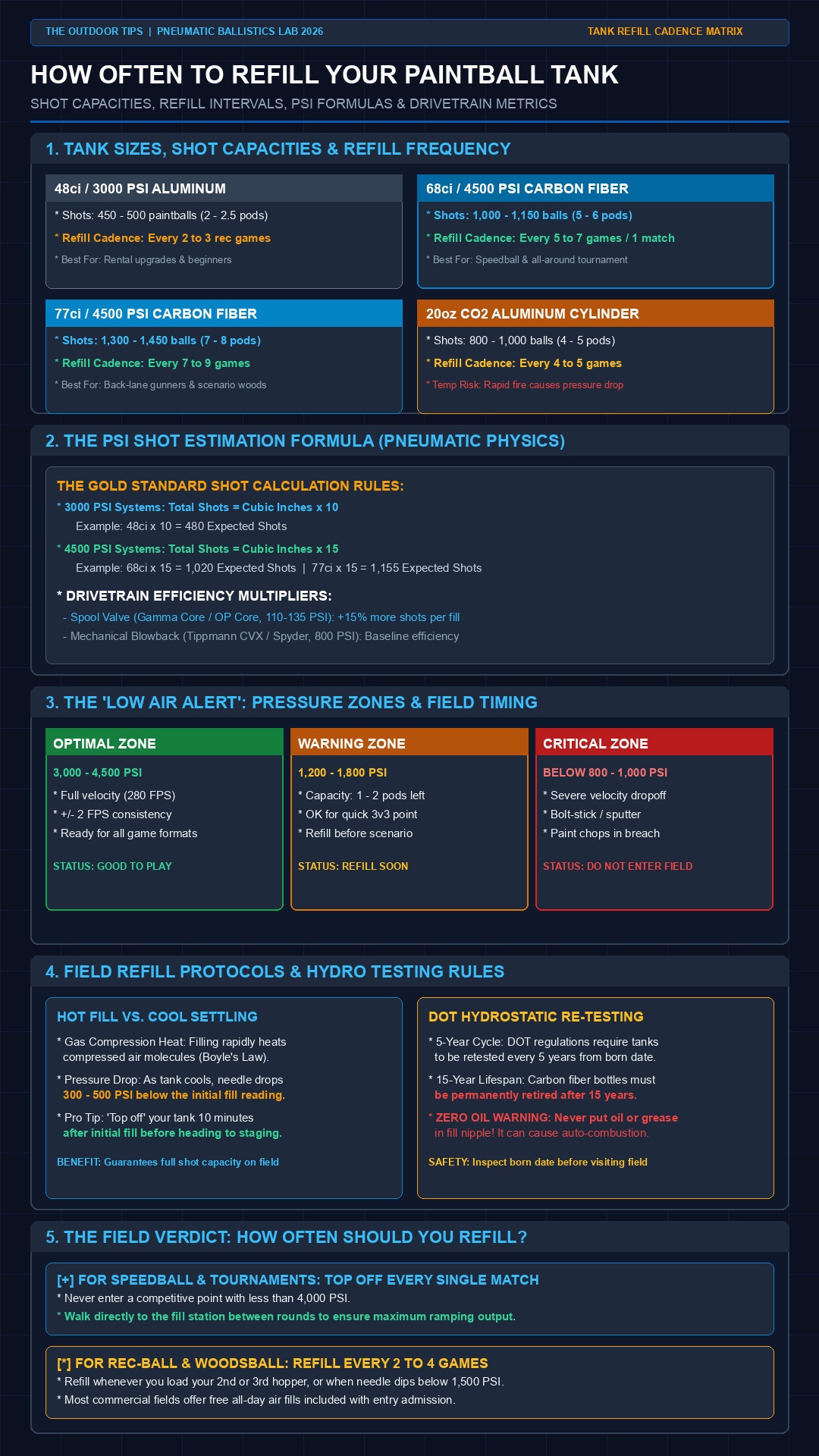 How often do you need to refill your paintball tank infographic showing tank shot capacities, refill frequencies, and pressure drop-off zones