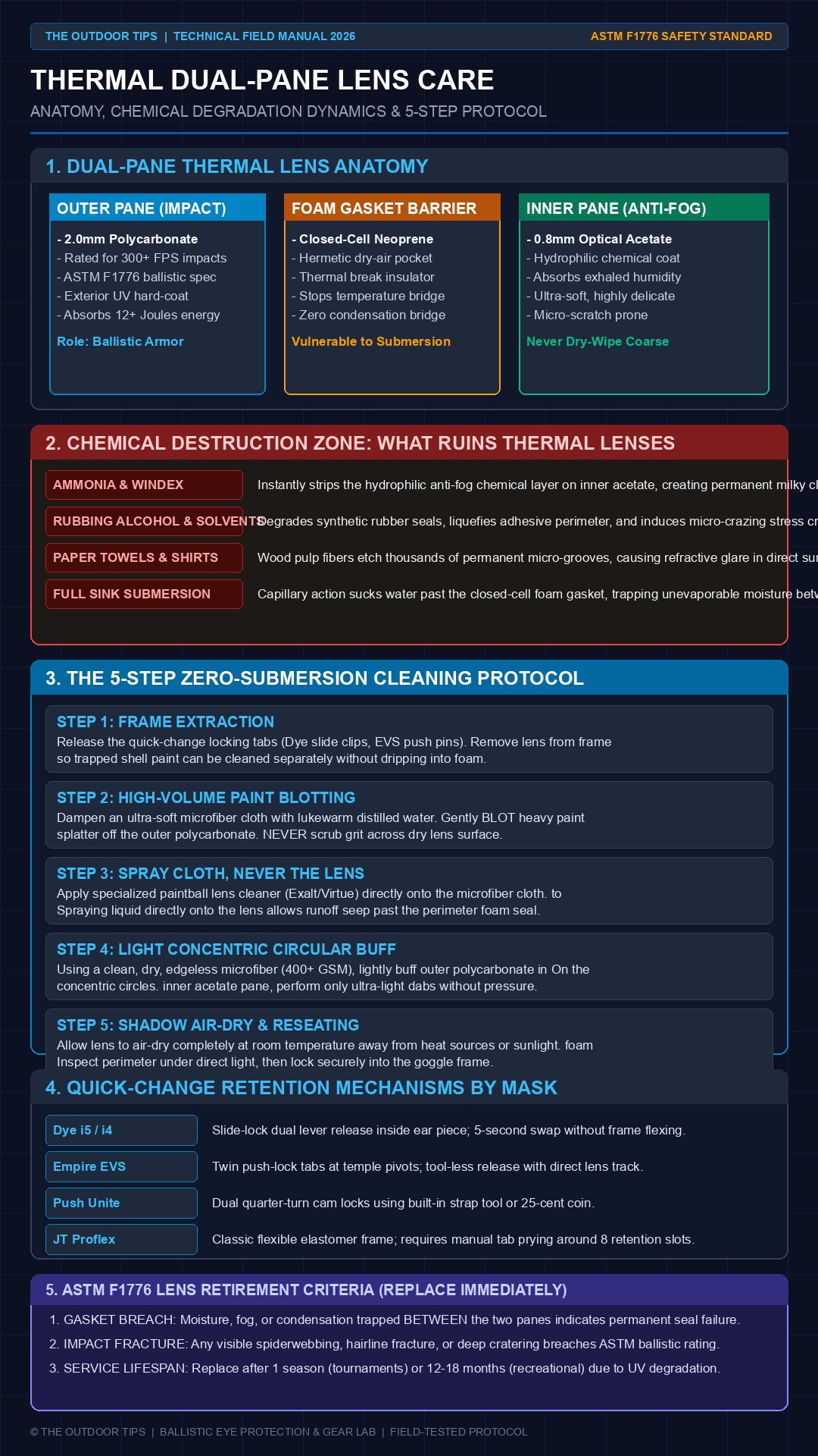 Thermal Dual-Pane Paintball Mask Lens Anatomy & 5-Step Cleaning Protocol Infographic
